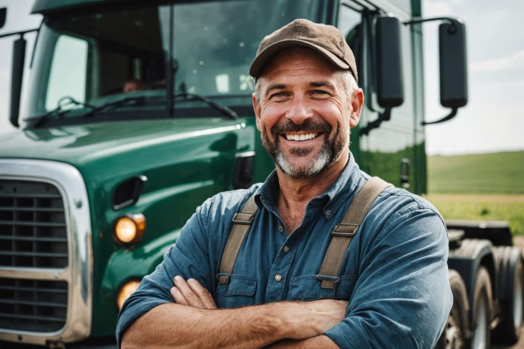 worker wearing overalls and standing in front of a green truck